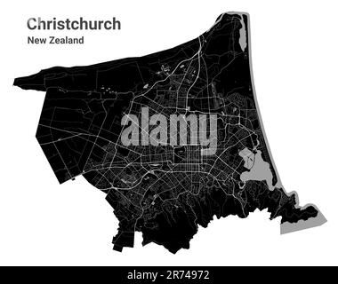 Christchurch map. Detailed black vector map of Christchurch city administrative area. Cityscape poster metropolitan aria view. Dark land with white st Stock Vector