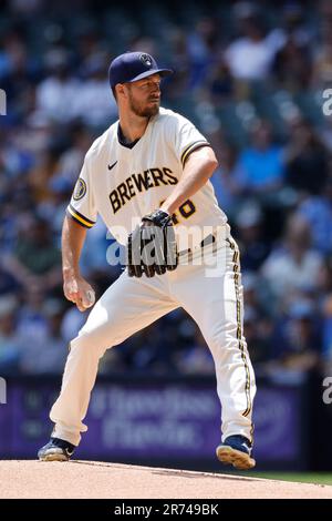 MILWAUKEE, WI - JUNE 08: Milwaukee Brewers catcher William Contreras (24)  bats during an MLB game against the Baltimore Orioles on June 08, 2023 at  American Family Field in Milwaukee, Wisconsin. (Photo