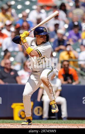 MILWAUKEE, WI - JUNE 08: Milwaukee Brewers catcher William Contreras (24)  bats during an MLB game against the Baltimore Orioles on June 08, 2023 at  American Family Field in Milwaukee, Wisconsin. (Photo
