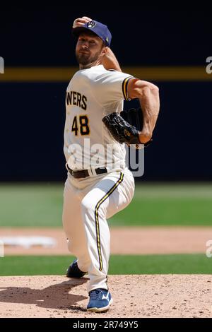 MILWAUKEE, WI - JUNE 08: Milwaukee Brewers catcher William Contreras (24)  bats during an MLB game against the Baltimore Orioles on June 08, 2023 at  American Family Field in Milwaukee, Wisconsin. (Photo