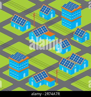 Isometric cityscape seamless pattern with solar panels on roofs and electricity poles Stock Vector