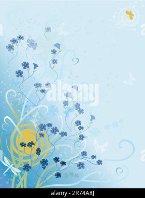 Abstract flowers and butterflies on a blue background Stock Vector