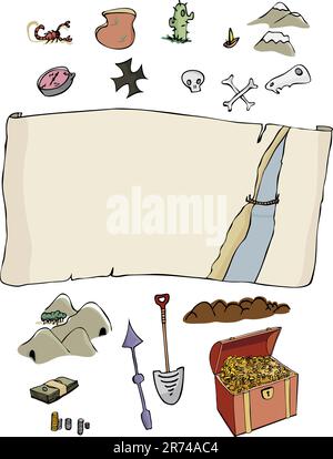 A customizable, comic-style treasure hunter map template with optional items. Fun for all ages. Stock Vector