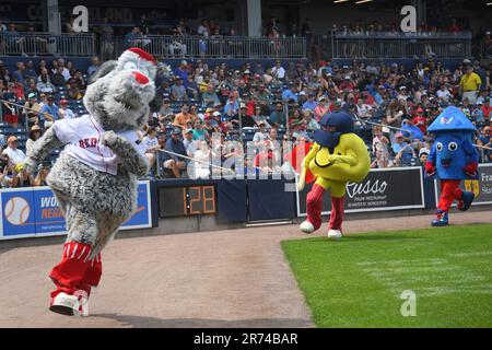 WORCESTER, MA - JUNE 11: Worcester Red Sox mascot Smiley Ball performs  before an MiLB AAA International League game between the Rochester Red  Wings and Worcester Red Sox on June 11, 2023