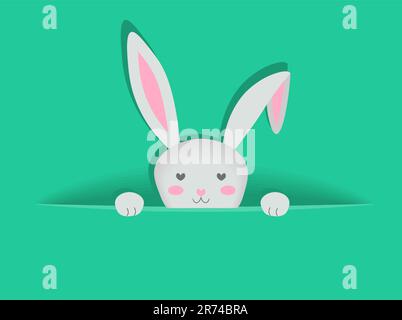 Empty solid green background with hiding bunny. Template for holiday postcard or greeting card Stock Vector