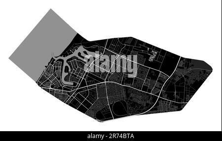 Ajman black map, administrative territory of the city with border. UAE detailed city plan. Vector ilustration with roads, parks. Stock Vector