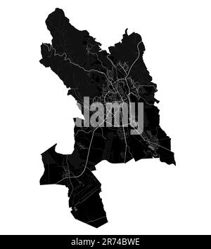 Kosice map. Detailed black map of Kosice city administrative area. Cityscape poster metropolitan aria view. Black land with white buildings, water, fo Stock Vector