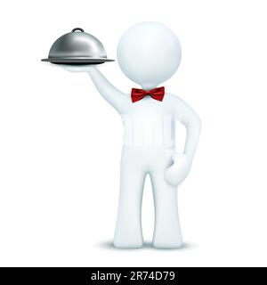 illustration of 3d character holding serving tray on an isolated white background Stock Vector