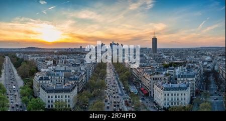 Paris France, high angle view sunset panorama city skyline at La Defense and Champs Elysees street Stock Photo