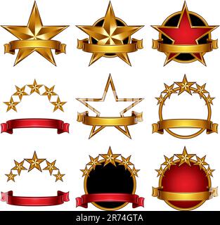 5 stars classic emblems set. Golden ribbons and stars symbols. Red and gold metallic royal style. Stock Vector