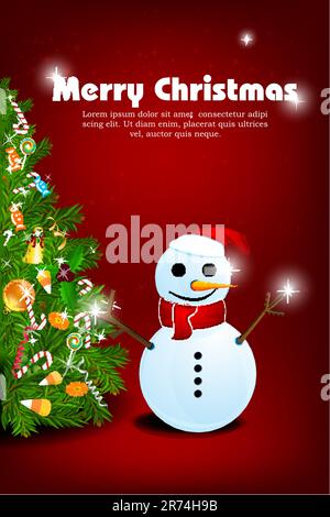 illustration of merry christmas card with snowman on white background Stock Vector