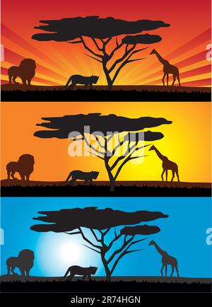 vector illustration of african landscapes with animals Stock Vector