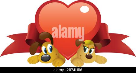 Cute cartoon dogs couple hiding under a big red heart. Stock Vector