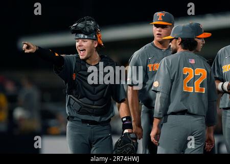 HOOVER, AL - MAY 23: Tennessee Volunteers catcher Cal Stark (30) during the  2023 SEC Baseball Tournament game between the Tennessee Volunteers and the  Texas A&M Aggies on May 23, 2023 at