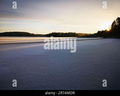 A picturesque winter landscape featuring a snow-covered field illuminated by the setting sun Stock Photo