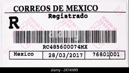 MOSCOW, RUSSIA - JUNE 3 2023: Postage stamp printed in Mexico, Registrated postage lable dated 2017 Stock Photo