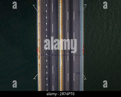 An aerial view of the Throgs Neck Bridge, New York City, at dawn Stock Photo