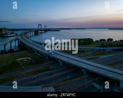 An aerial view of the Throgs Neck Bridge, New York City, at dawn Stock Photo