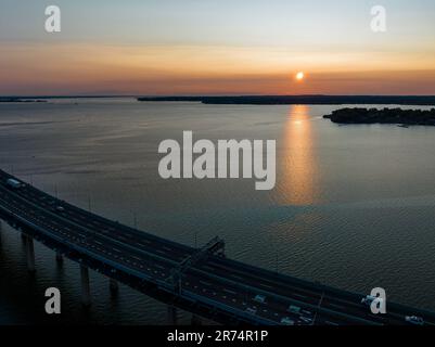 An aerial view of the Throgs Neck Bridge, New York City, at dawn Stock Photo