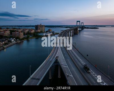 An aerial view of the Throgs Neck Bridge, New York City, at dawn Stock Photo