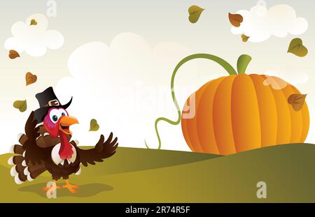 Cartoon illustration of a pilgrim turkey standing in front of a giant pumpkin. Stock Vector