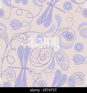 vector seamless floral background with dragonflies and flowers.clipping mask Stock Vector