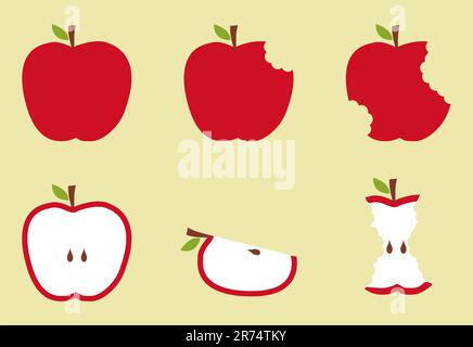 Bitten apples fruit sequence illustration over yellow background. Vector available. Stock Vector