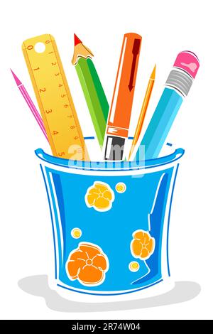 illustration of pens and pencils in box on isolated background Stock Vector