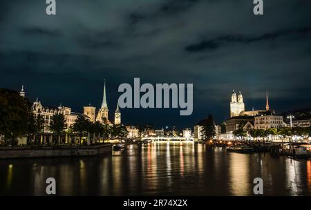 Lake Zurich by Night in Long Exposure - Switzerland Stock Photo