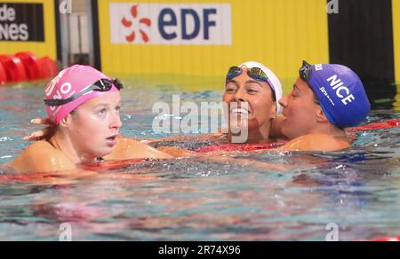 Rennes, France. 12th June, 2023. Justine Delmas 2nd place, Fantine Lesaffre 3rd place, Charlotte Bonnet 1st place, Final 200 M breaststroke during the French Elite Swimming Championships on June 12, 2023 in Rennes, France - Photo Laurent Lairys/DPPI Credit: DPPI Media/Alamy Live News Stock Photo