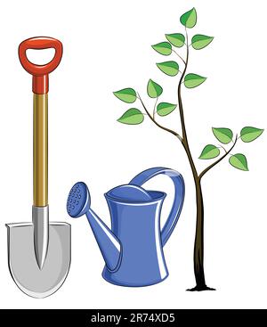 set garden instrument with tree vector illustration Stock Vector