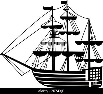 graphic sailing-ship pen drawing silhouette Stock Vector