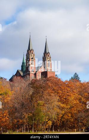 The Holy Hill Basilica and National Shrine of Mary surrounded by trees in Washington County, Wisconsin Stock Photo