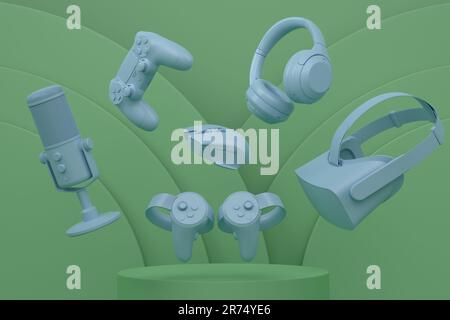 Set of video game joystick, microphone and headphones on cylinder ...