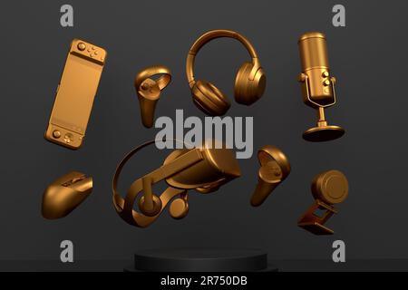 Set of video game microphone, VR glasses and headphones on monochrome ...