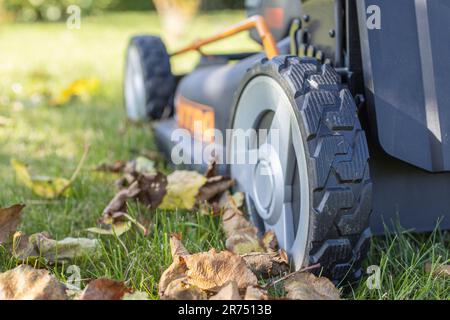 Lawn mower wheel rear, detail, autumn leaves, cordless lawn mower, lawn mowing, garden, Stock Photo