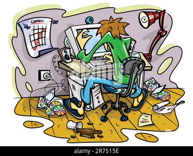 hacker working on computer in jumble room vector illustration Stock Vector
