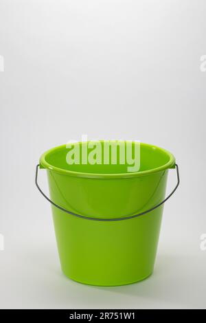 Green empty cleaning bucket, white background, Stock Photo