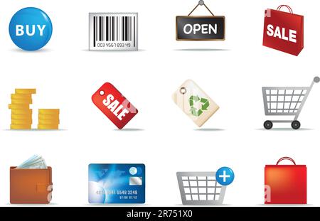 colour illustration of a set of modern retail shopping icons Stock Vector