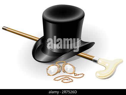 set of retro accessories with hat walkingstick and pince-nez point vector illustration, isolated on white background Stock Vector