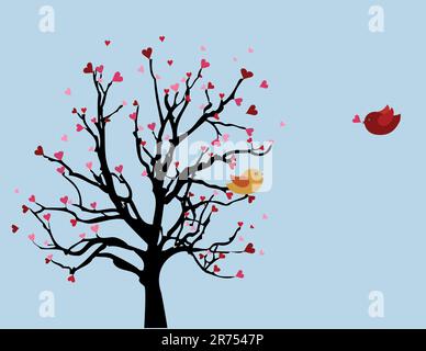 two small birds at the tree. Spring love time. vector background Stock Vector