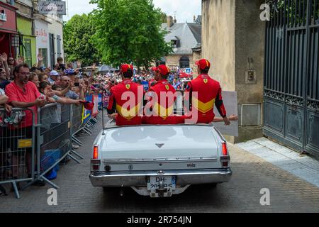 Town Centre, Le Mans, France, 9th June 2023. Ferrari 499P Hypercar, Car 51 driven by Antonio Giovinazzi, James Calado and Alessandro Pier Guidi enjoying all the support from hundreds of race fans during the Drivers Parade. Credit: Ian Skelton/Alamy Live News. Stock Photo
