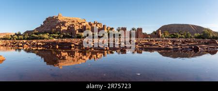 Sunrise over the beautiful historic town Ait Ben Haddou in Morocco, famous berber town with many kasbahs built of clay, UNESCO world heritage Stock Photo