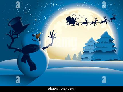 Lonely Snowman Waving to Santa Sleigh Stock Vector