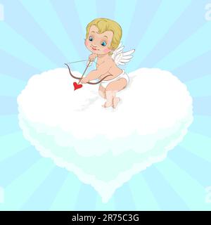 At Valentine's Day Cupid is aiming to shoot his arrow sitting on the heart shaped cloud Stock Vector