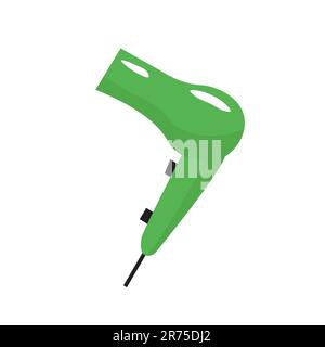 Hair dryer isolated cartoon doodle illustration in green color. Hair styling salon concept. Stock Vector