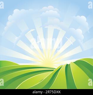 Illustration of idyllic green fields with sunshine rays and blue sky. A perfect landscape scene. Stock Vector
