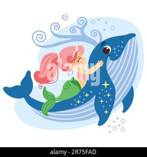 Cute cartoon pink haired mermaid ride on a friend whale. Vector cartoon isolated illustration in flat style. White background. For print, design, post Stock Vector