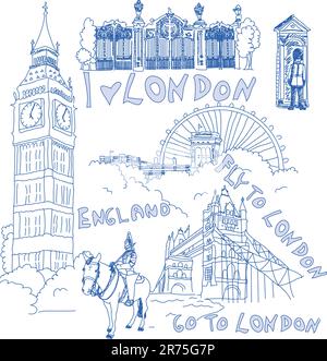 London hand drawn doodles of different sights. Stock Vector