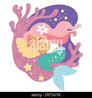 Cute cartoon sleepy pink haired mermaid character. Vector cartoon illustration in flat style isolated on a white background. For print, design, poster Stock Vector